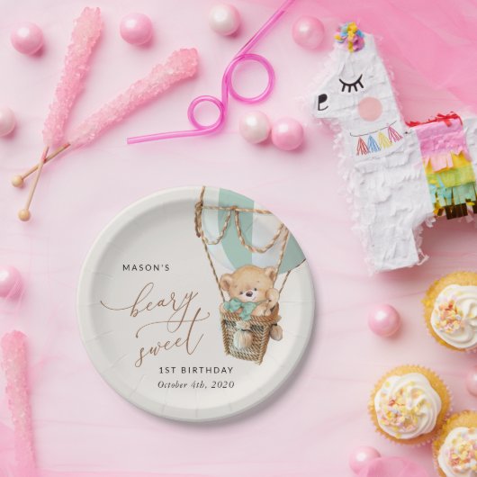 Teddybeer, groene heteluchtballon, eerste verjaard papieren bordje (Feest)