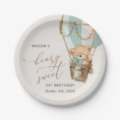 Teddybeer, groene heteluchtballon, eerste verjaard papieren bordje (Voorkant)