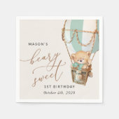 Teddybeer, groene heteluchtballon, eerste verjaard servet (Voorkant)