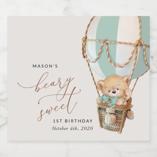 Teddybeer, groene heteluchtballon, eerste verjaard sparkling wijnetiket (Enkel label)