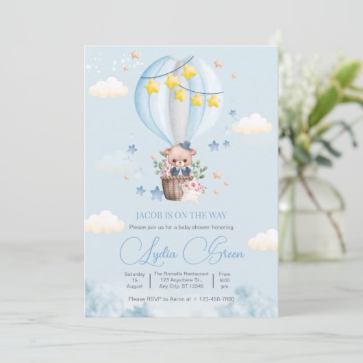 Teddybeer-heetballonbeer-babyshower-jongen Kaart (Staand voorkant)