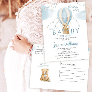 Teddybeer-hete luchtballon-baby shower-ansichtkaar briefkaart