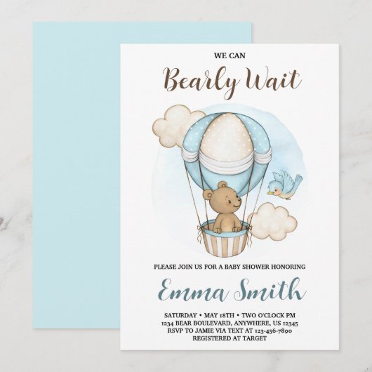 Teddybeer-hete luchtballon babyshower uitnodiging (Voorkant / Achterkant)