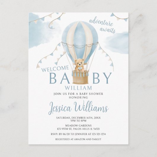 Teddybeer heteluchtballon baby shower briefkaarten (Voorkant)
