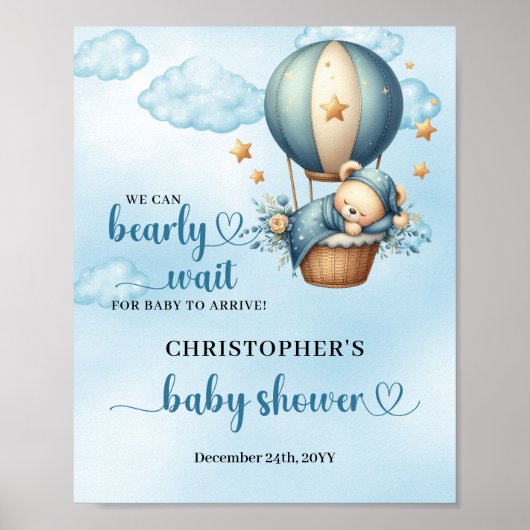 Teddybeer heteluchtballon Jongen Baby shower welko Poster (Voorkant)