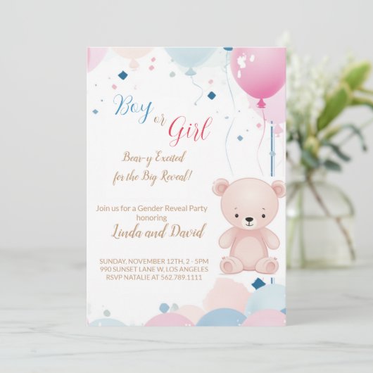 Teddybeer Hij of Zij: Geslacht onthullen Uitnodigi Kaart (Staand voorkant)