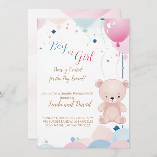 Teddybeer Hij of Zij: Geslacht onthullen Uitnodigi Kaart (Voorkant / Achterkant)