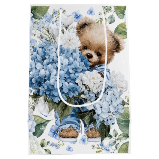 Teddybeer Houdt Hydrangea Bloemen Vast Medium Cadeauzakje (Achterkant)