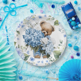 Teddybeer Houdt Hydrangea Bloemen Vast Papieren Bordje