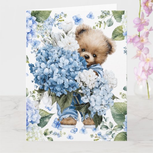 Teddybeer Houdt Van Hydrangea Bloemen Kaart (Orchidee)