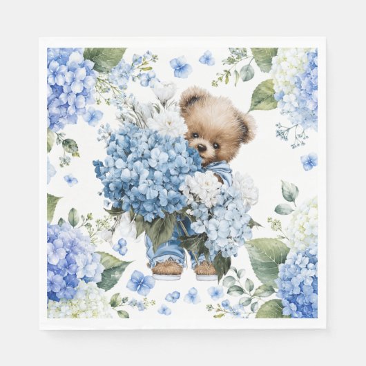 Teddybeer Houdt Van Hydrangea Bloemen Servet (Voorkant)