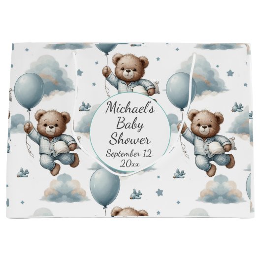 Teddybeer in blauw pyjama Baby shower Groot Cadeauzakje (Voorkant)