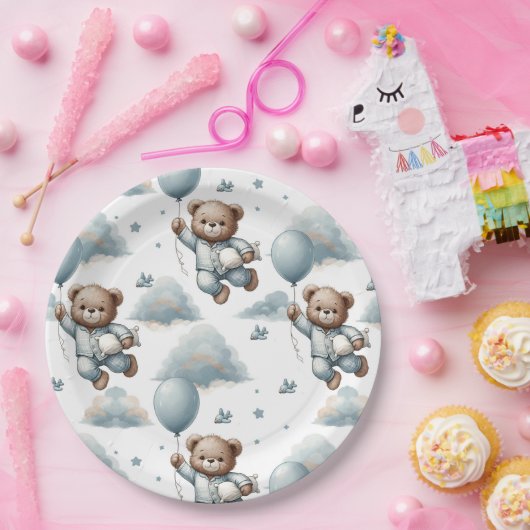 Teddybeer in blauwe pyjama papieren bordje (Feest)