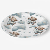 Teddybeer in blauwe pyjama papieren bordje (Gekanteld)