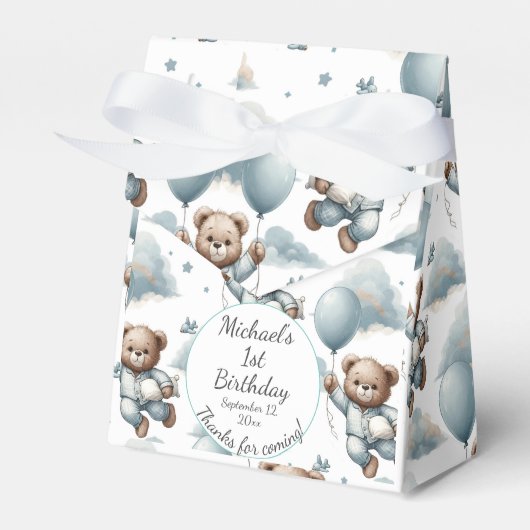 Teddybeer in blauwe pyjama verjaardag bedankdoosjes (Voorkant Zijde)