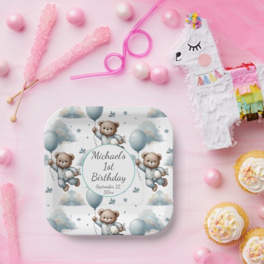 Teddybeer in blauwe pyjama verjaardag papieren bordje (Feest)