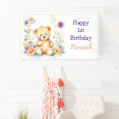 Teddybeer in Bloemen Girl's Verjaardagsfeestje Spandoek (Insitu)