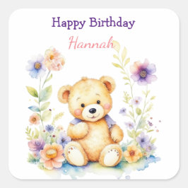 Teddybeer in Bloemen Girl's Verjaardagsfeestje Vierkante Sticker
