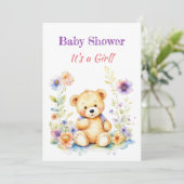 Teddybeer in Bloemen Meisjes Baby shower Kaart (Staand voorkant)