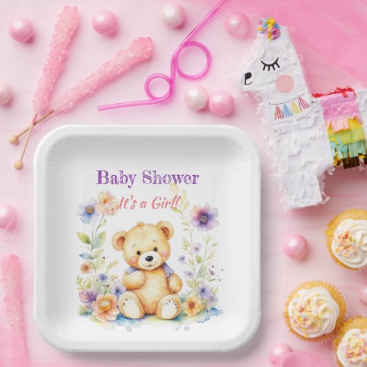 Teddybeer in Bloemen Meisjes Baby shower Papieren Bordje (Feest)