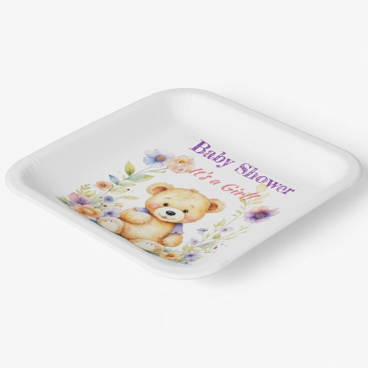 Teddybeer in Bloemen Meisjes Baby shower Papieren Bordje (Gebogen)