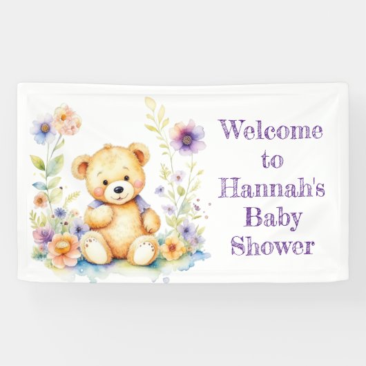 Teddybeer in Bloemen Meisjes Baby shower Spandoek (Horizontaal)