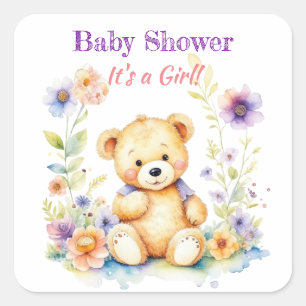 Teddybeer in Bloemen Meisjes Baby shower Vierkante Sticker