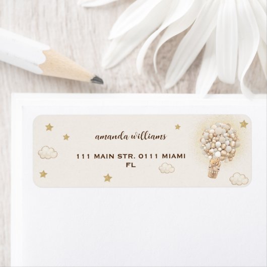 Teddybeer in de heteluchtballonnen genderneutraal etiket (Insitu)