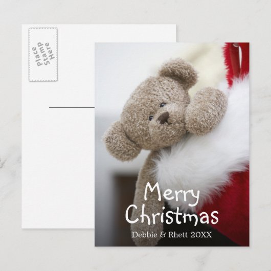 Teddybeer in de kous van Kerstmis Feestdagenkaart (Voorkant / Achterkant)