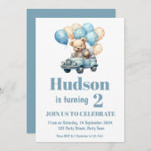 Teddybeer in een auto verjaardagsfeestje uitnodigi kaart (Voorkant / Achterkant)