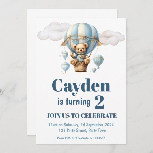 Teddybeer in een ballonfeest uitnodiging (Voorkant / Achterkant)