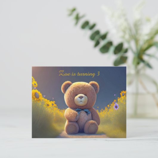 Teddybeer in een weide, schattig kinder elke leeft uitnodiging briefkaart (Staand voorkant)