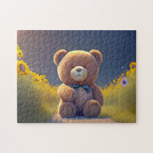 Teddybeer in een weide, schattig legpuzzel (Horizontaal)