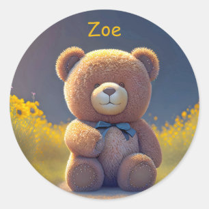 Teddybeer in een weide, schattig op maat ronde sticker