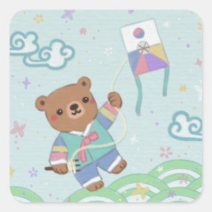 Teddybeer in Hanbok: vliegeren Vierkante Sticker