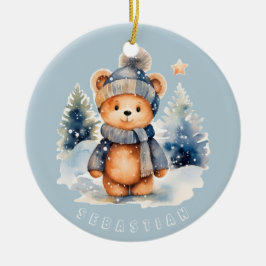 Teddybeer in het bos, gepersonaliseerd keramisch ornament