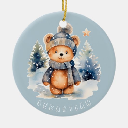 Teddybeer in het bos, gepersonaliseerd keramisch ornament (Voorkant)
