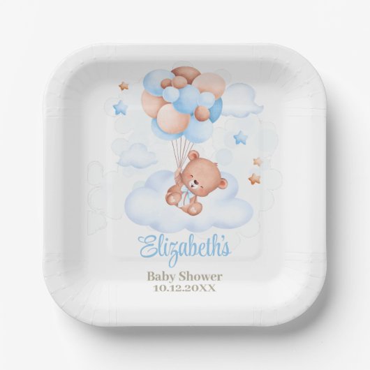 Teddybeer in het Sky Baby shower Papieren Bordje (Voorkant)