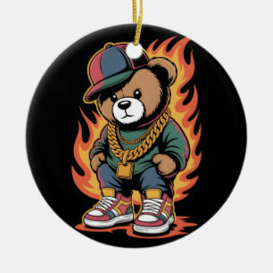 Teddybeer in hiphopstijl met gouden kettingen keramisch ornament