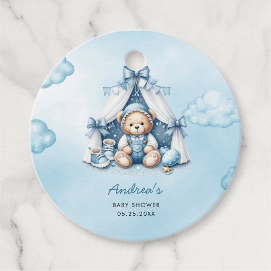 teddybeer in tentblik Baby shower Bedankjes Labels (Voorkant)