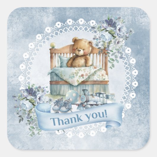  teddybeer in wieg blauw en bruine bloemen vierkante sticker (Voorkant)
