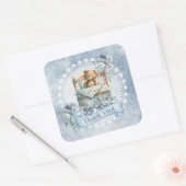  teddybeer in wieg blauw en bruine bloemen vierkante sticker (Envelop)