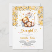Teddybeer in wieg gele bloemen meisje baby shower kaart (Voorkant)