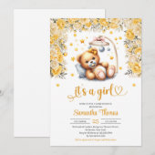 Teddybeer in wieg gele bloemen meisje baby shower kaart (Voorkant / Achterkant)