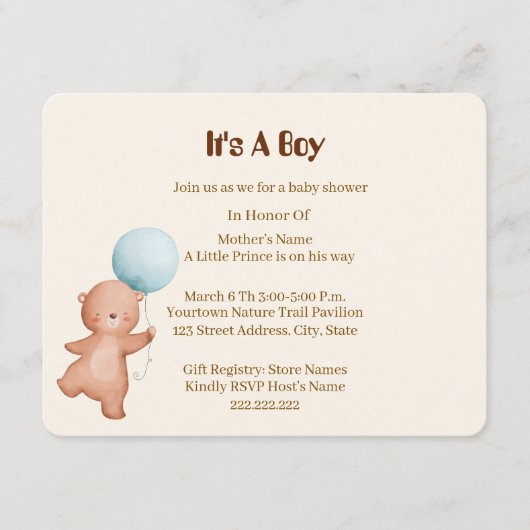 Teddybeer Jongen Babyshower Kaart uitnodiging (Voorkant)