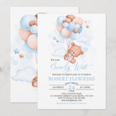 Teddybeer Jongen Blauwe Ballonnen Baby Shower Kaart (Voorkant / Achterkant)
