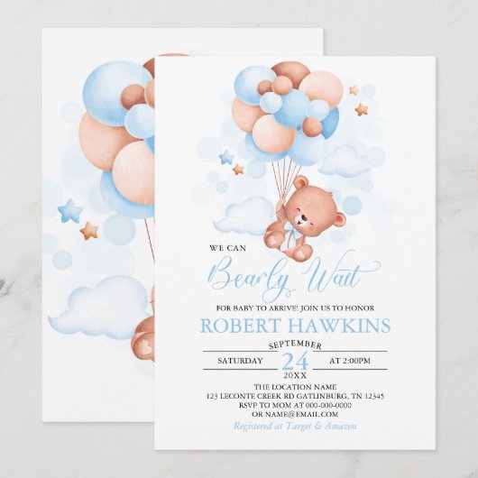 Teddybeer Jongen Blauwe Ballonnen Baby Shower Kaart (Voorkant / Achterkant)