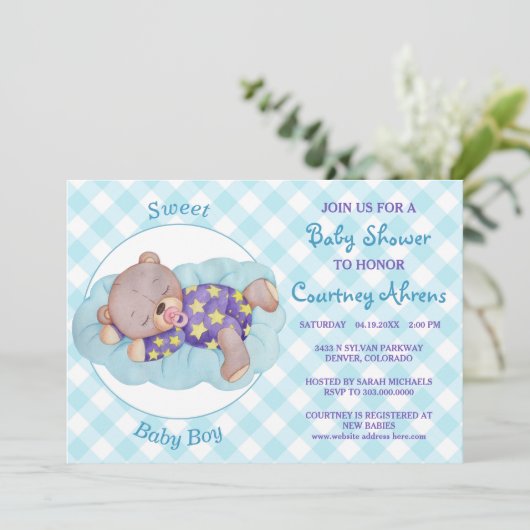 Teddybeer Jongen Slaap Baby Shower Uitnodiging (Staand voorkant)