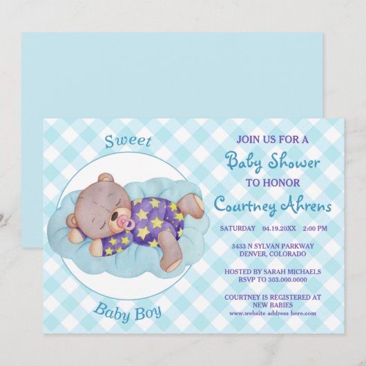 Teddybeer Jongen Slaap Baby Shower Uitnodiging (Voorkant / Achterkant)