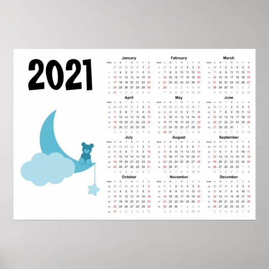 Teddybeer Kalender 2021 Poster - zondag begint (Voorkant)